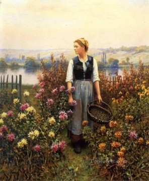 Daniel Ridgway Knight Painting - Girl with a Basket in a Garden countrywoman Daniel Ridgway Knight